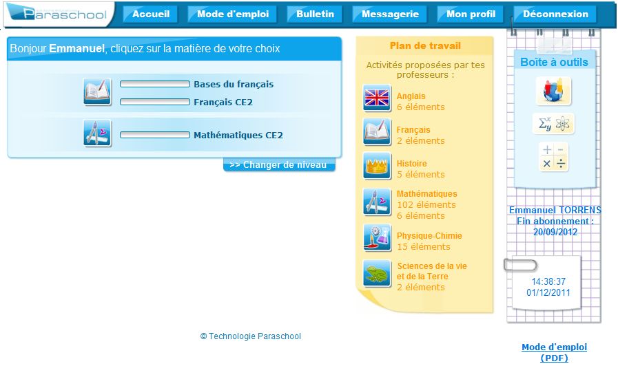 Page d'accueil de l'�l�ve, avec acc�s aux ressources et au plan de travail